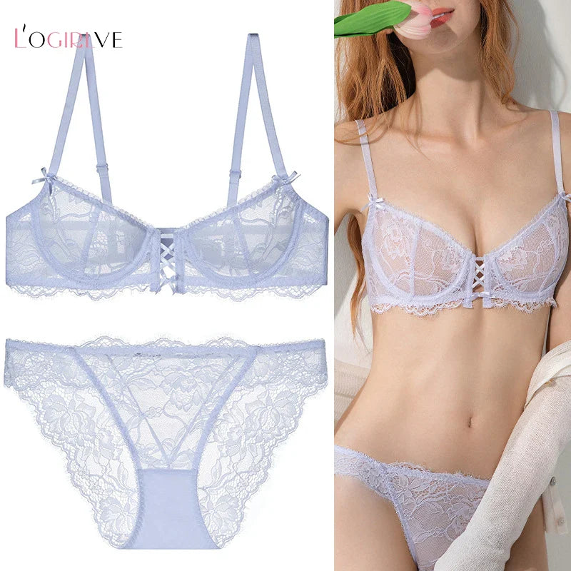 Logirlve Ultra-Thin Hollowed-Out Lace Bra Set for Women Push up Breast Brassiere Sexy Embroidery Underwear Lingerie Ladies