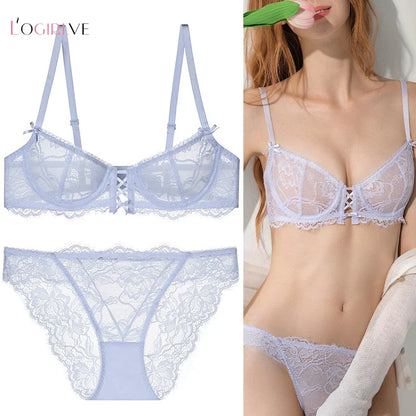 Logirlve Ultra-Thin Hollowed-Out Lace Bra Set for Women Push up Breast Brassiere Sexy Embroidery Underwear Lingerie Ladies