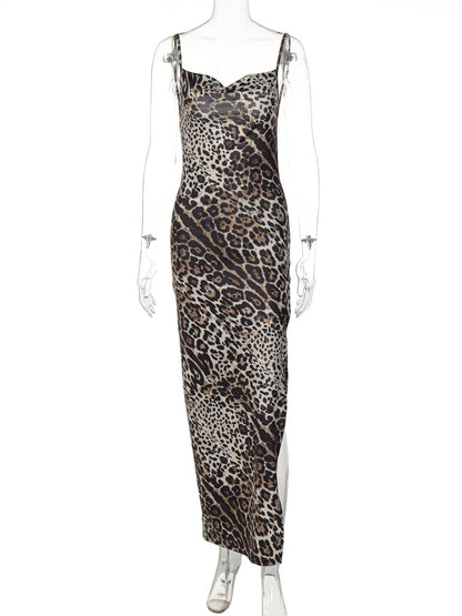 Hugcitar Leopard Print Swing Collar Sleeveless Sexy Maxi Slit Prom Dress Summer Women Fashion Y2K Clothes Party Beach Vacation