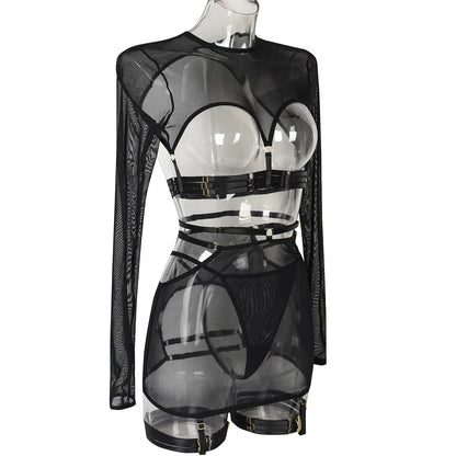 Diccvicc Long Sleeve Lingerie Sexy Sheer Mesh Porn Top Crotchless Skirt Naked Bandage Women Underwear Uncensored Erotic Costume