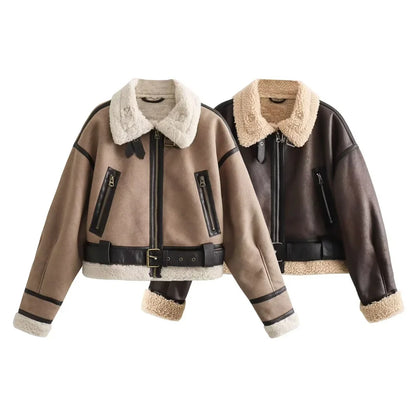 2024 Autumn/Winter New Product Casual Women's Wear Flip Collar Fur Integrated Loose and Versatile Short Jacket Coat