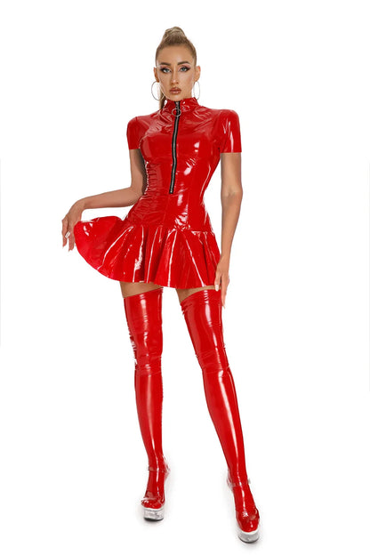 Sexy Glossy Leather Short Sleeves Dress Lady Erotic Shaping Pleated Short Dress Zipper Porn Breast Exposing Latex Mini Dress