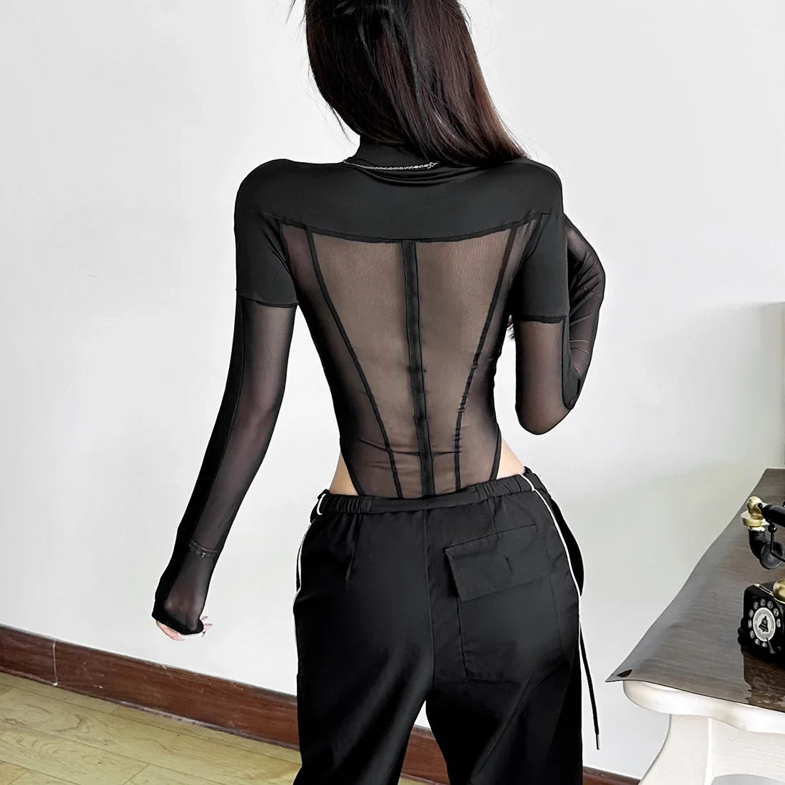 See Through Mesh Splicing Sexy Bodysuit Lingerie One-pieces Y2k Clothes Long Sleeve Body Feminino Hot Tops For Women Rave Outfit
