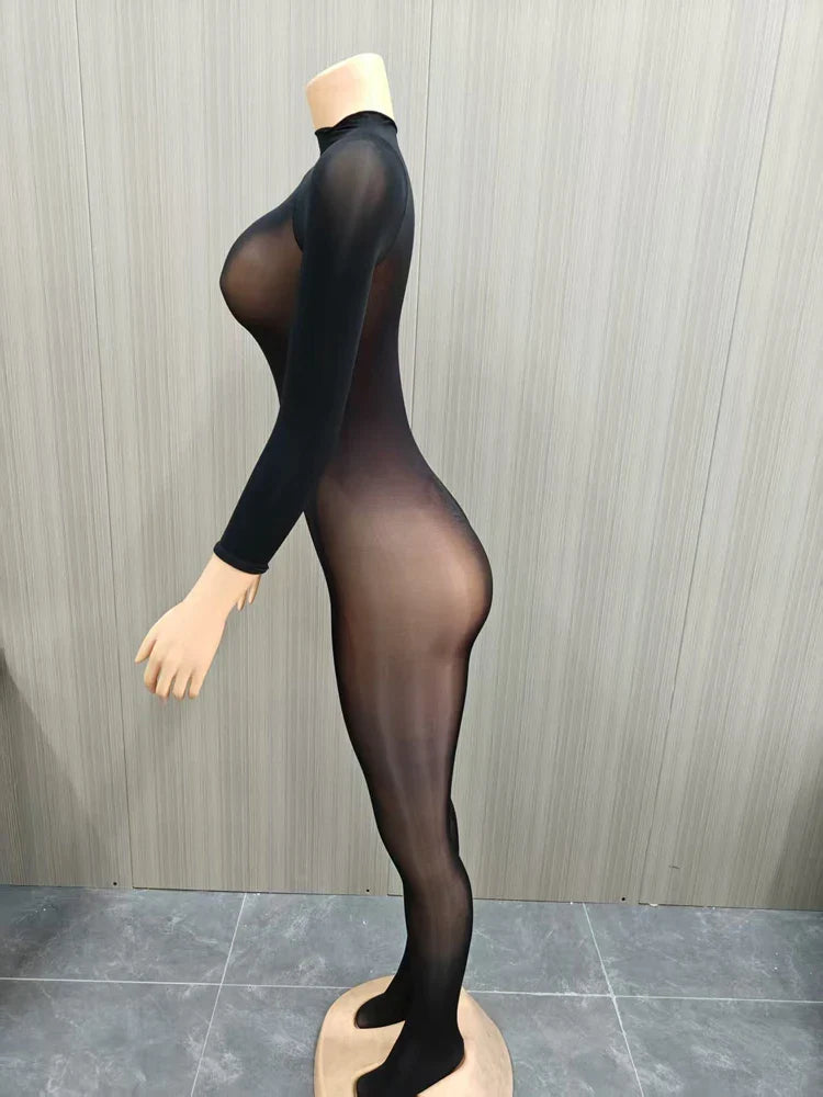 Tight Bodysuit Woman Jumpsuits Long Sleeve Sexybodysuit One Piece Sheer See Through Full Body Sexy Baddies Midinight Catsuit