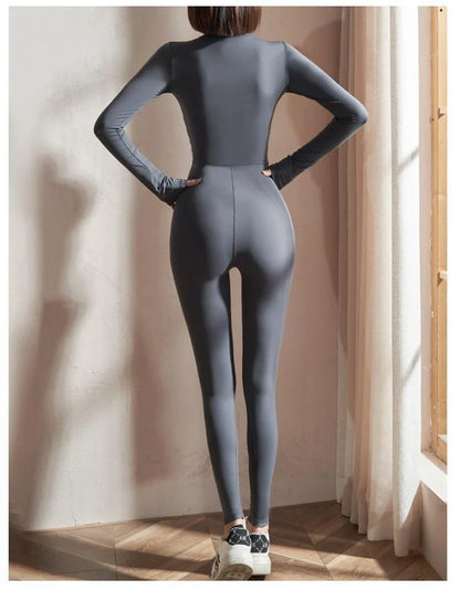 Womens Jumpsuits Long Sleeve Yoga Slim Fit Stretch One Piece Romper Sexy Fitness Female Black Basic Sportwears Tight Zipper