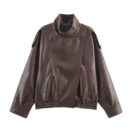 Stand Collar Women's Jacket Full Sleeve Double Button Solid Female Leather Jackets 2025 Autumn Fashion High Street Lady Outwears