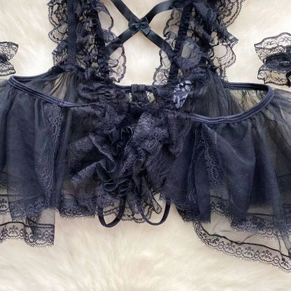 Lolita Strap Bodysuit With Cross Lace Up Hollow Patchwork Playsuit Double-Layer Sheer Mesh Sweet Women's Pajamas Sexy Lingerie