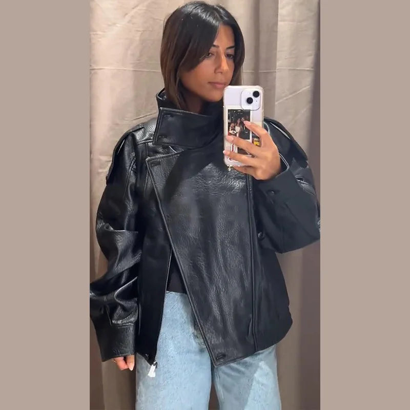 Stand Collar Women's Jacket Full Sleeve Double Button Solid Female Leather Jackets 2025 Autumn Fashion High Street Lady Outwears