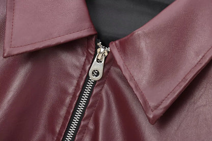 HH Wine Red Faux Leather Jakcet Fashion Outerwear Thicken Zipper Lapel Pu Coats Autumn Winter Streetwear Ladies Tops Women