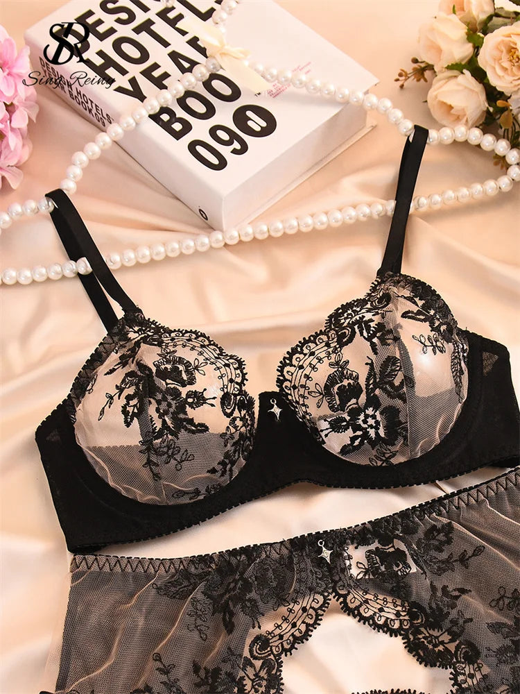 SINGREINY Female Sheer Gauze Lingerie Set Sexy Transparent Embroidery Bra&Brief Sets Ladies Hollow Out Erotic Underwear Suits