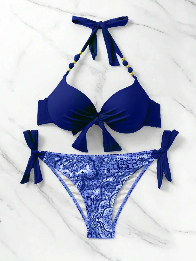 2025 Push Up Halter Bikini Printed Swimsuit Women Sexy Strappy Swimwear Female Bathers Bathing Swimming Swim Suit Beachwear