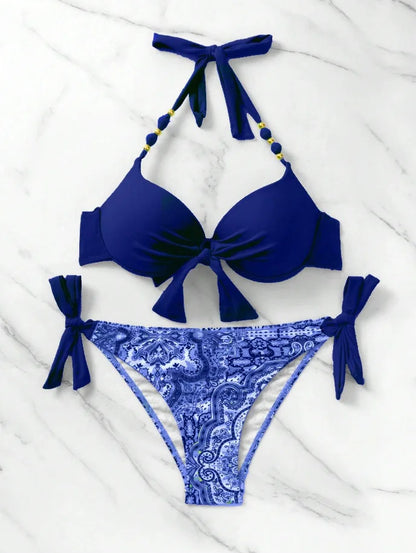 2025 Push Up Halter Bikini Printed Swimsuit Women Sexy Strappy Swimwear Female Bathers Bathing Swimming Swim Suit Beachwear