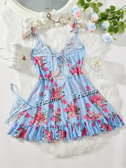 Women's Underwear Sexy Bra And Panties Sets Lace Ruffle Trim Lingerie Set Deep V Slip Dress Thong Women's Sexy Lingerie
