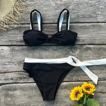 2025 Solid Thong Brazilian Bikinis Swimwear Women Swimsuit  Black White Bikini Set Bathing Suit Female Summer Beach Wear Biquini