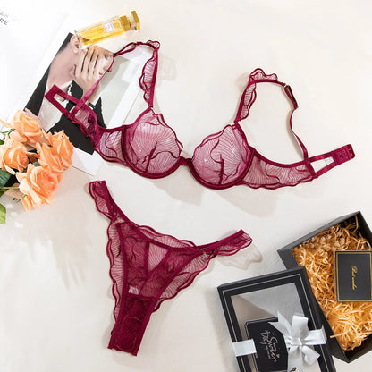Diccvicc Sexy Bra 2 Pieces Leaf Inspired Lace Pattern Sheer Mesh Low Rise Panty Women Underwear Set See Through Daring Lingerie