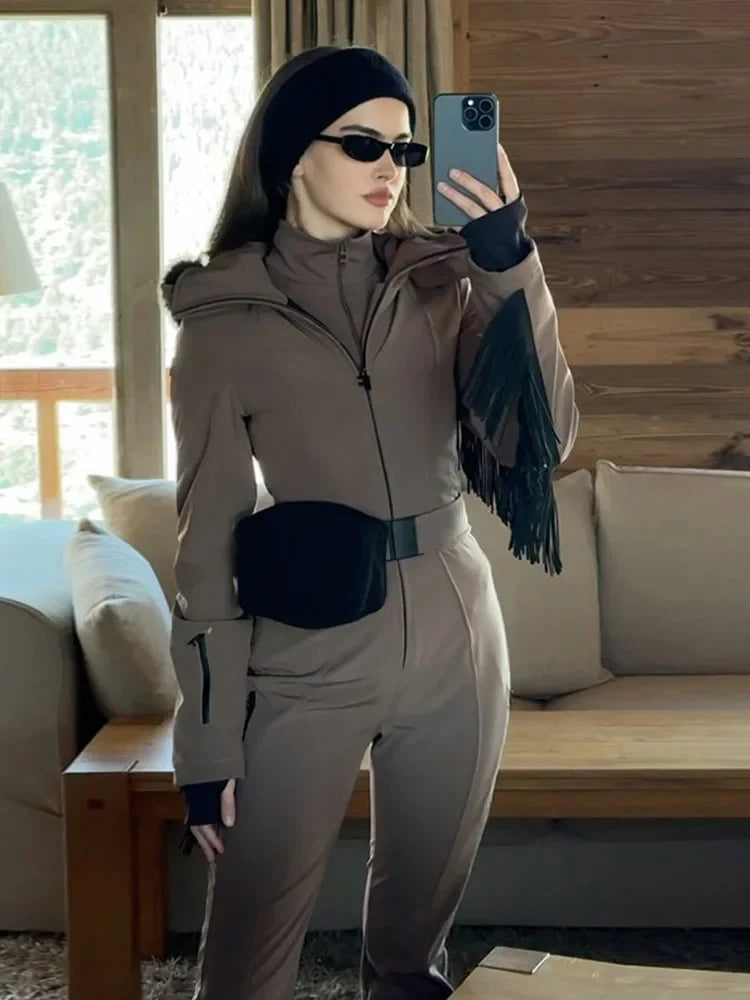 Casual Solid Tassels Women's Ski Suit Zippers Fur Hooded Slim High Waist Lady Jumpsuits 2025 Winter Fashion Female Warm Skiwear