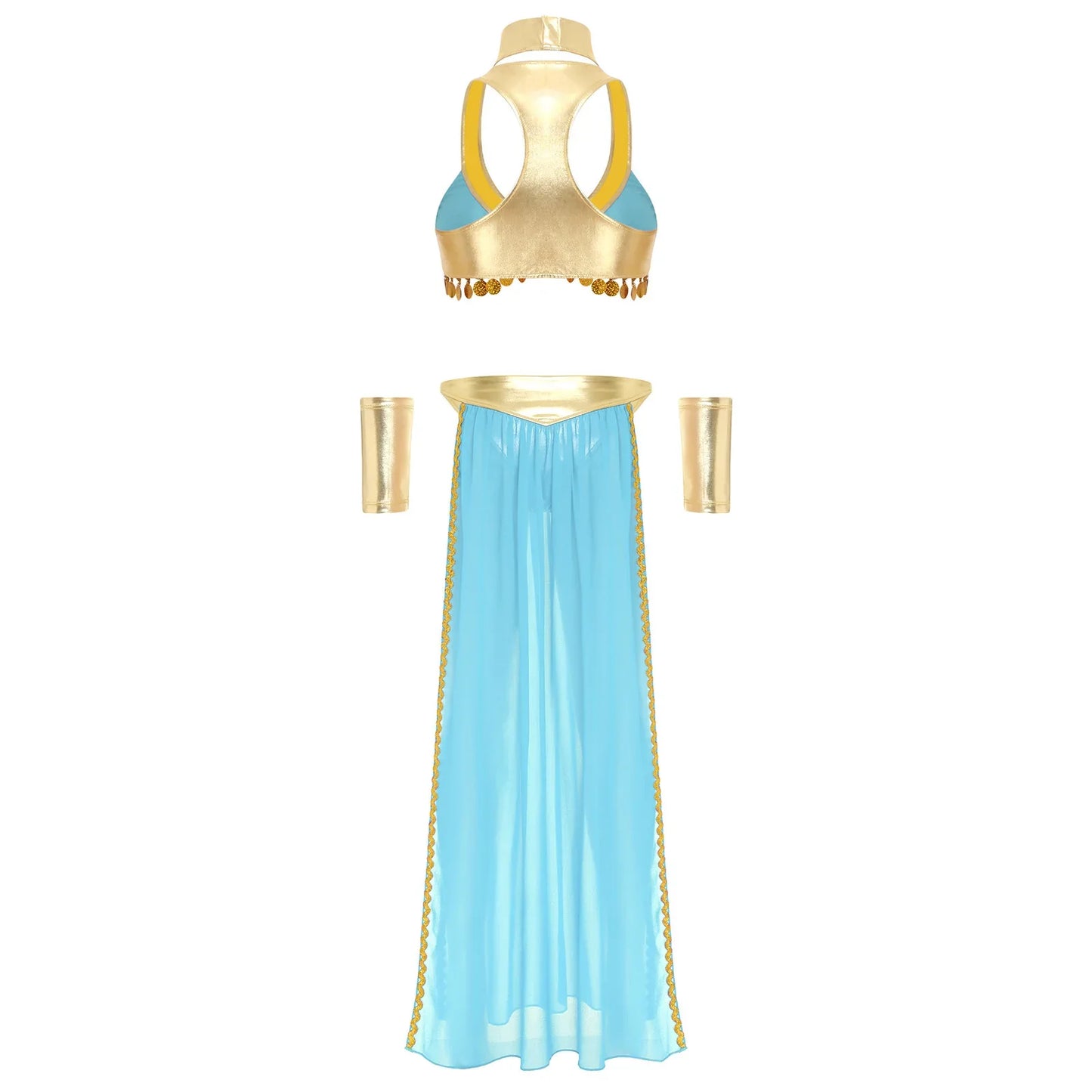 Women Halloween Cleopatra Ancient Egyptian Queen Sun Goddesses Cosplay Costume Crop Top with Skirt Choker Cuffs Belly Dance Set