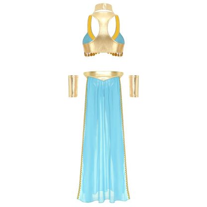 Women Halloween Cleopatra Ancient Egyptian Queen Sun Goddesses Cosplay Costume Crop Top with Skirt Choker Cuffs Belly Dance Set