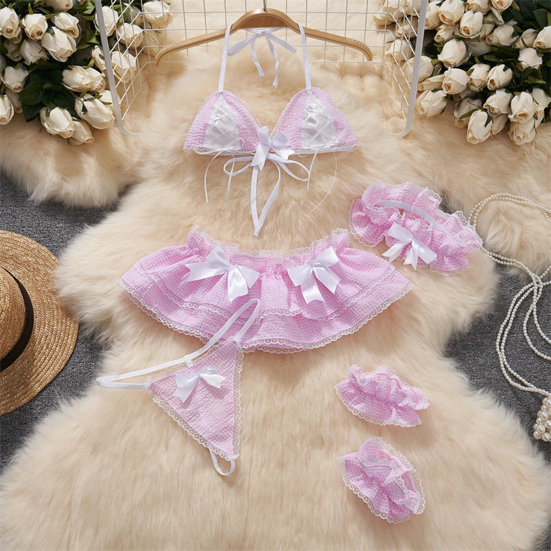 Sexy Lace Gauze Patchwork Strap Bodysuit Hollow Sleeveless Slim backless Women Erotic Lingerie Hotsweet Bow Night Maid Cosplay