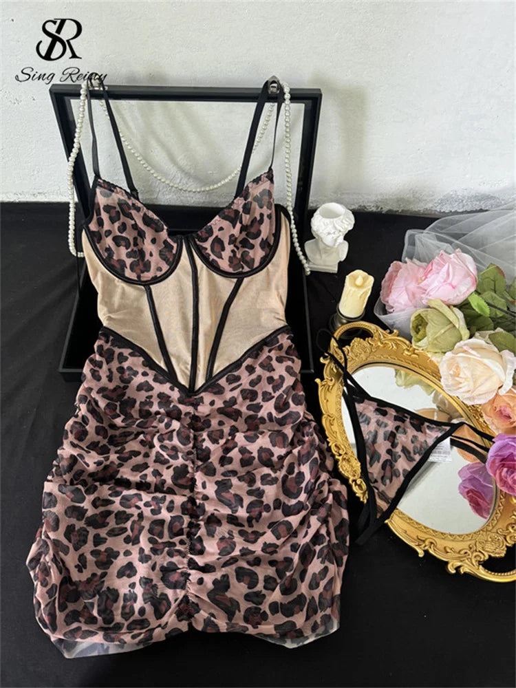 SINGREINY Sexy Leopard Bodycon Dress Straps Backless Corset Mini Sundress Women Slim Thin Sensual Clubwear Sheath Short Dress