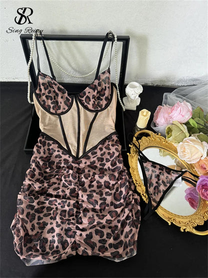 SINGREINY Sexy Leopard Bodycon Dress Straps Backless Corset Mini Sundress Women Slim Thin Sensual Clubwear Sheath Short Dress