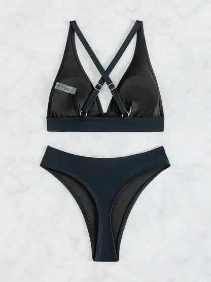 Vigoashely 2025 Solid V Neck Push Up Bikini Set High Cut Straps Corss Swimsuit For Women Swimwear 2 Piece Backless Bathing Suit