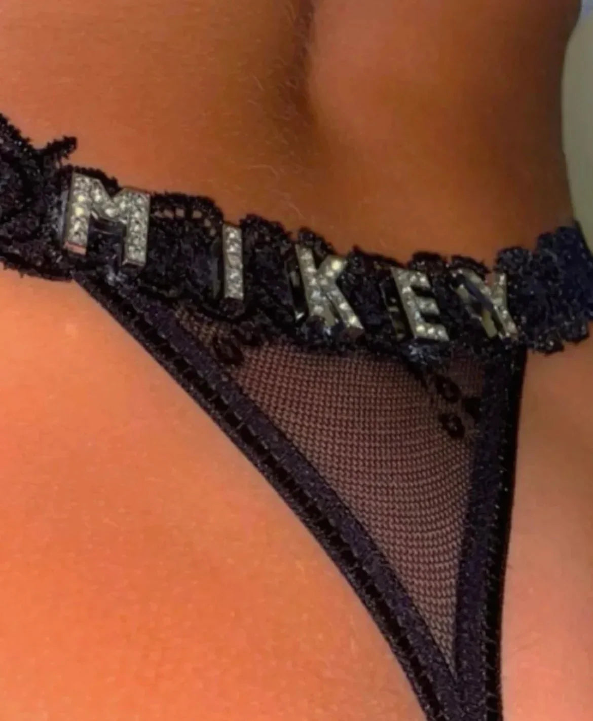 Custom Thongs with Name for Boyfriend Crystal Letter Body Jewelry Women Sexy Lace Bikini G-String Panties Valentine's Day Gift