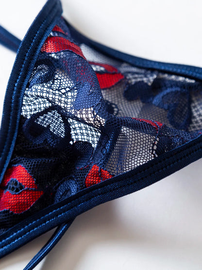 Sexy Red Lip Heart Mesh Nightgown Set Deep Blue Lace See-through Chemise Set Tempting Erotic Underwear Two-piece Set