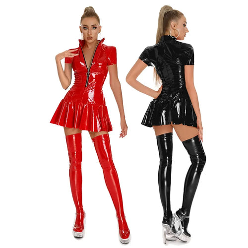 Sexy Glossy Leather Short Sleeves Dress Lady Erotic Shaping Pleated Short Dress Zipper Porn Breast Exposing Latex Mini Dress
