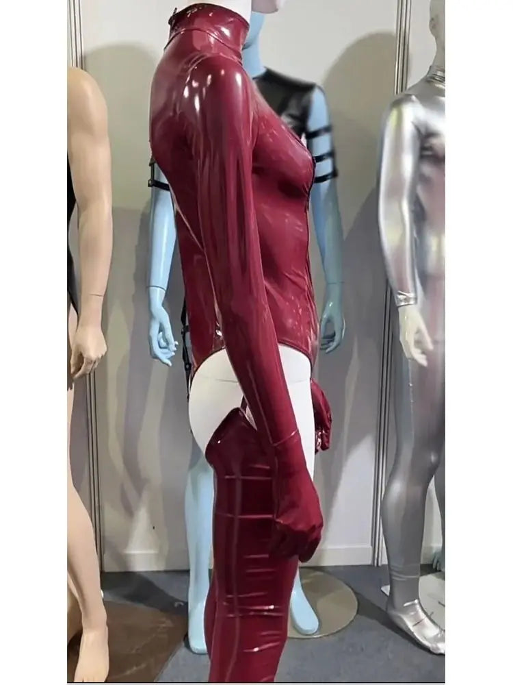 3PCS/SET Wet Look PVC Cosplay Outfit Catusit Shiny PU Leather Zipper Bust Open Crotch Bodysuit Tight Sexy Body Teddies Stockings