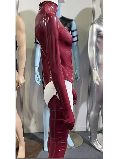 3PCS/SET Wet Look PVC Cosplay Outfit Catusit Shiny PU Leather Zipper Bust Open Crotch Bodysuit Tight Sexy Body Teddies Stockings