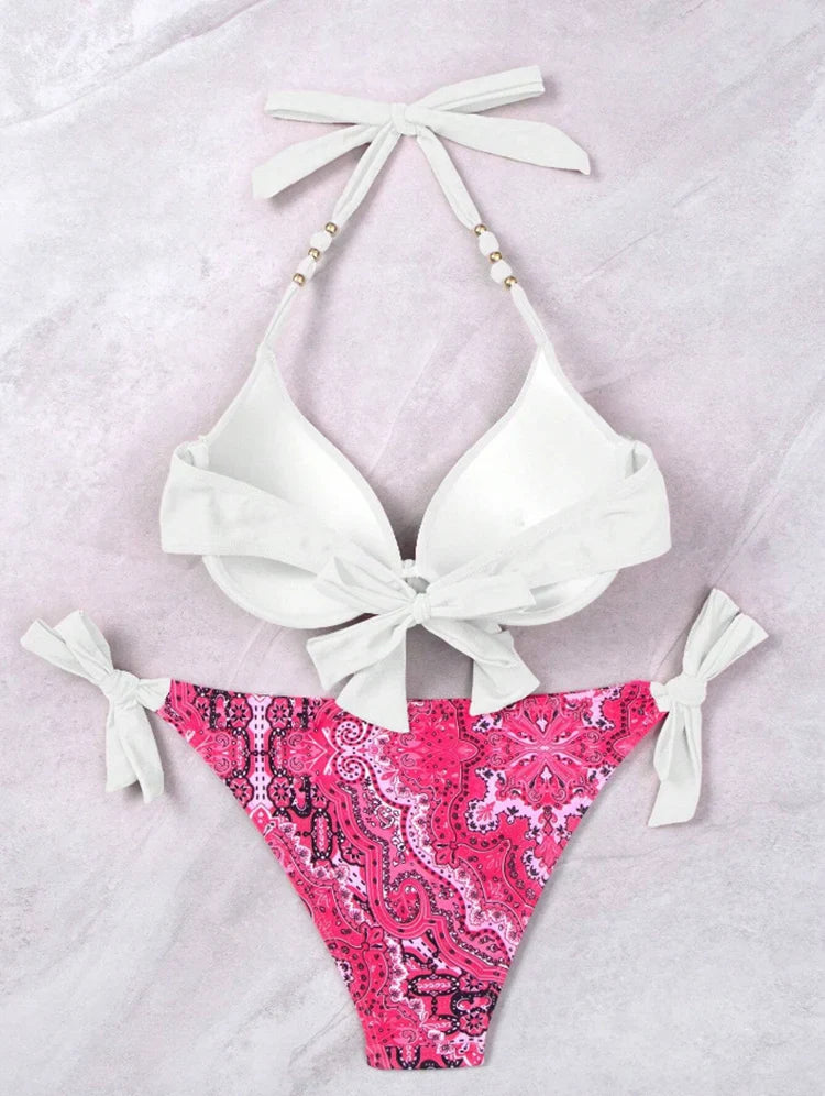 2025 Summer Sexy Print Two-Piece Bikini Women's Halter Swimwear Bandage Backless Swimsuit Tight Push Up Beach Party Bathing Suit
