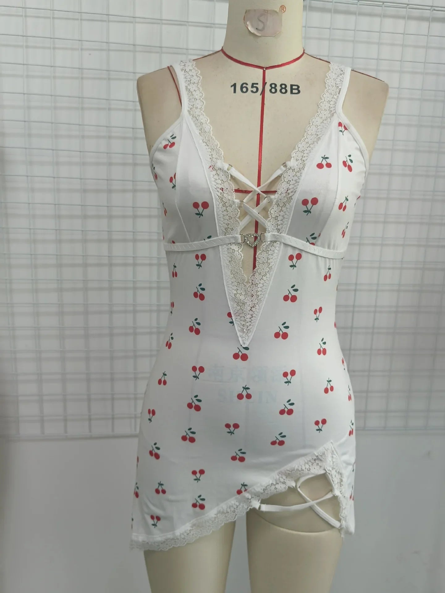 Sexy Cherry Print Nightgown Women's Lace Trim Lingerie Criss Cross Cami Mini Dress Cute Bodycon Chemise Trendy Nightwear New