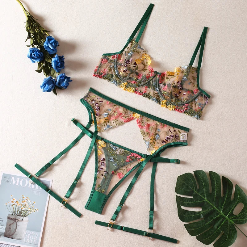Sexy Women's Lace Lingerie 3Pcs Sets Fancy Flowers Embroidery Transparent Bras And Thongs Underwear Set Erotic Intimate Suits ﻿