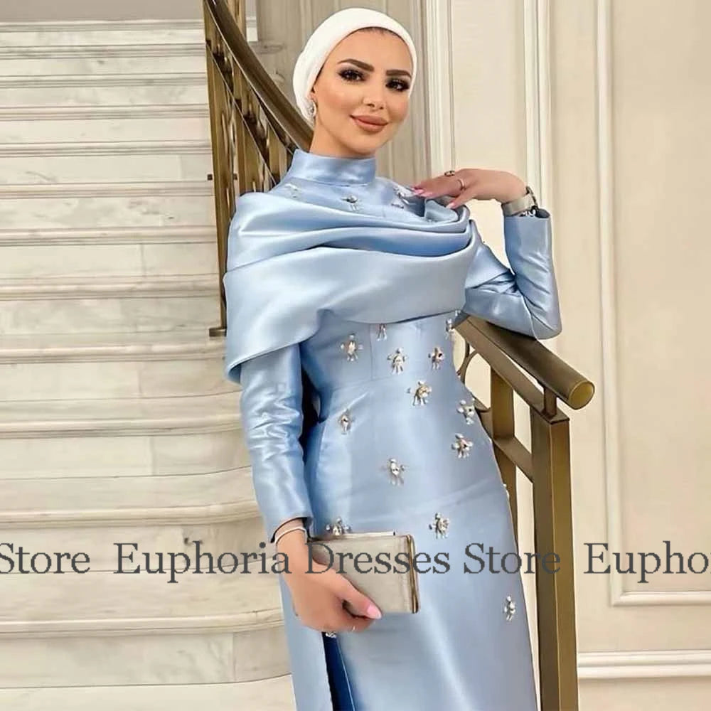 Customized Dubai Bespoke Occasion Gowns Satin Column Valentine's Day Dress Blue High Collar Rhinestones/Crystals Cape Prom Dress