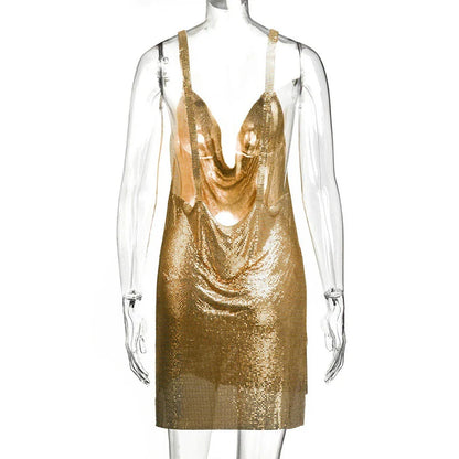 Women's 90s Rave Glitter V-Neck Lace-Up Sequin Mini Dress Y2K Clubwear Sexy Backless Bodycon with Metal Detail for Party