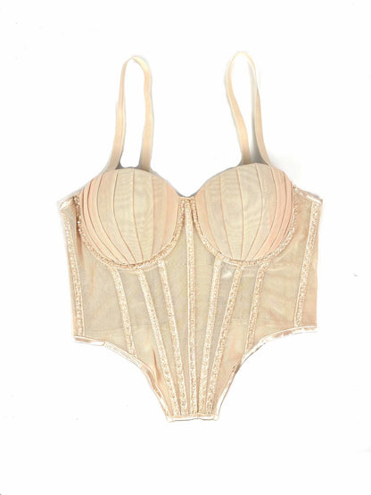 Sexy Mesh Design Camisole Vest Style Ladies Corset Tops with Chest Cushion Sparkling Diamond Decoration Fishbone Lingerie Tops