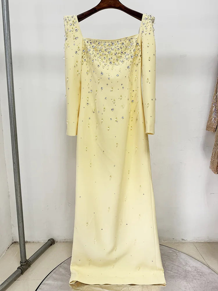 HIGH QUALITY Newest Fashion 2025 Designer Vestido Women's Square Collar Beading Diamonds Long Sleeve Maxi Dress