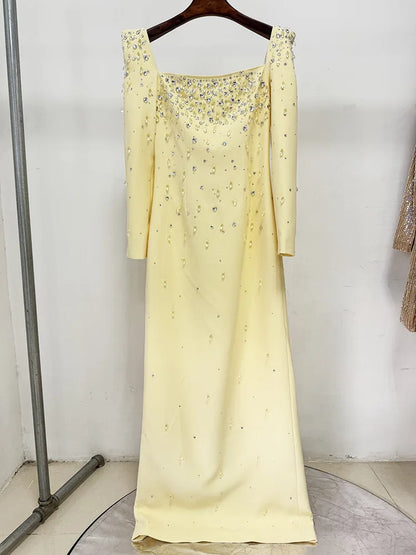 HIGH QUALITY Newest Fashion 2025 Designer Vestido Women's Square Collar Beading Diamonds Long Sleeve Maxi Dress