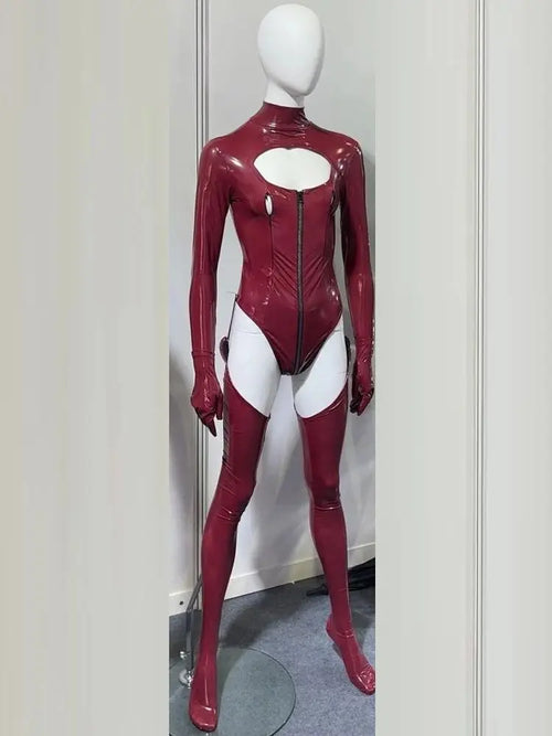 3PCS/SET Wet Look PVC Cosplay Outfit Catusit Shiny PU Leather Zipper Bust Open Crotch Bodysuit Tight Sexy Body Teddies Stockings