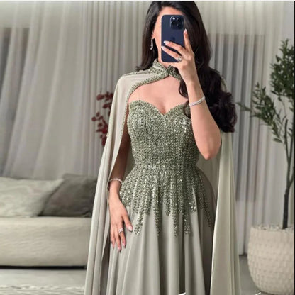 Customized Embrodiered Bead Evening Dresses with Cape Sweetheart Sequin Formal Wedding Party Gown A Line Chiffon Maxi Dress