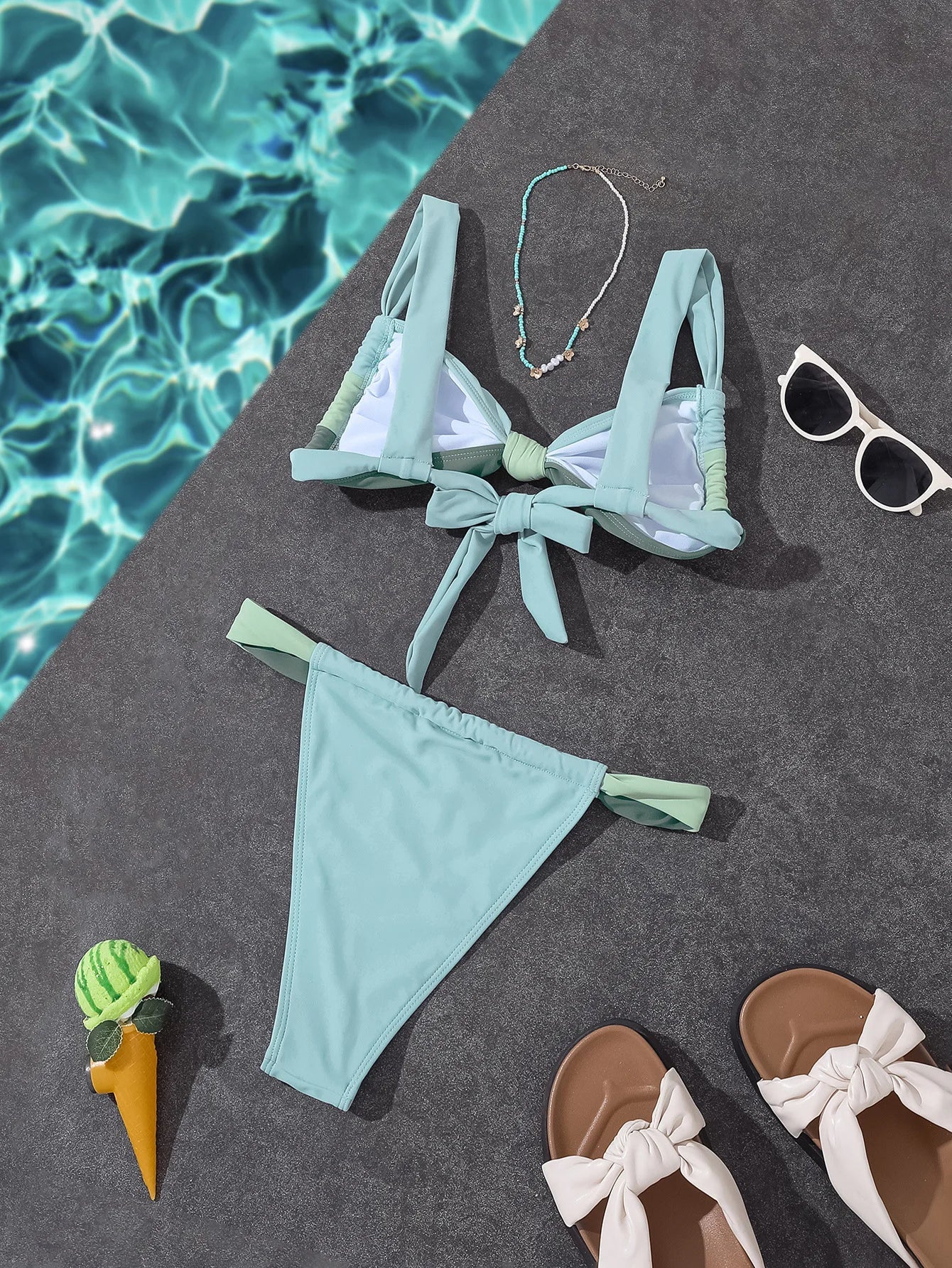 Circyy Contrast Color Swimwear Women Halter Pleated Bikini Set Two-piece Sexy Thongs Holiday Beach Bathing Suit Summer 2025 New