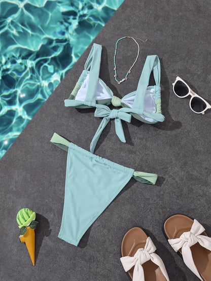 Circyy Contrast Color Swimwear Women Halter Pleated Bikini Set Two-piece Sexy Thongs Holiday Beach Bathing Suit Summer 2025 New