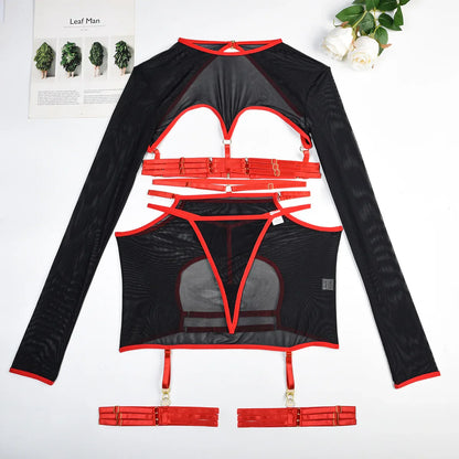 Diccvicc Long Sleeve Lingerie Sexy Sheer Mesh Porn Top Crotchless Skirt Naked Bandage Women Underwear Uncensored Erotic Costume
