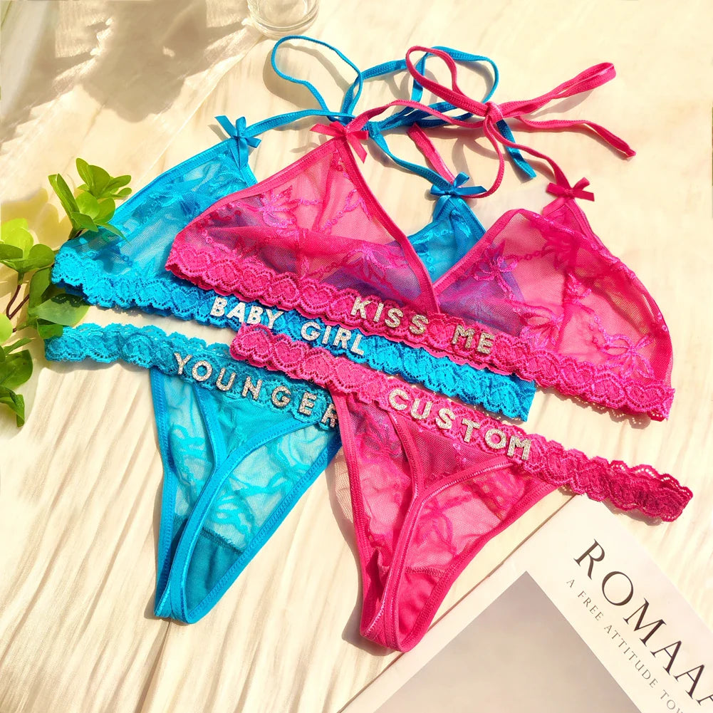 Custom Name Lingerie Set Personalised Sexy Embroidery Thongs For Women Crystal Letters G-string Panties Underwear Gifts