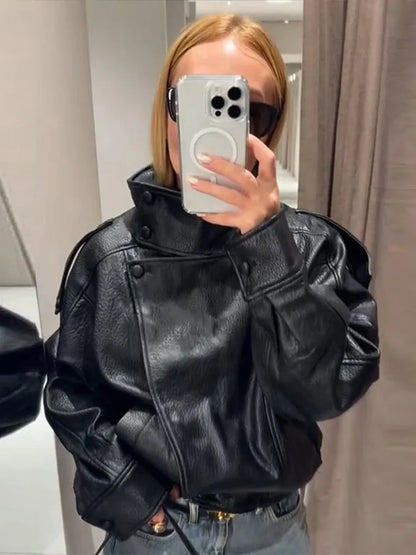 Stand Collar Women's Jacket Full Sleeve Double Button Solid Female Leather Jackets 2025 Autumn Fashion High Street Lady Outwears