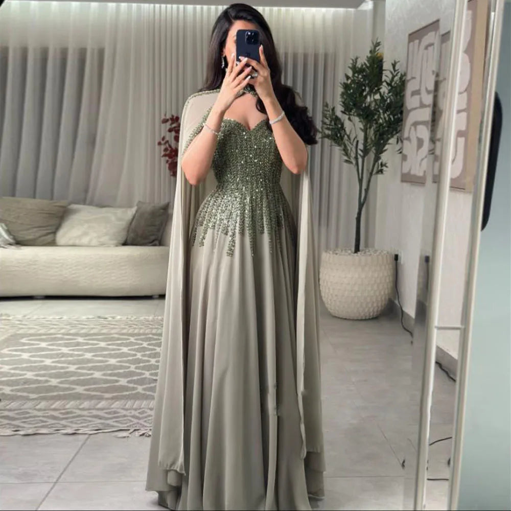 Customized Embrodiered Bead Evening Dresses with Cape Sweetheart Sequin Formal Wedding Party Gown A Line Chiffon Maxi Dress