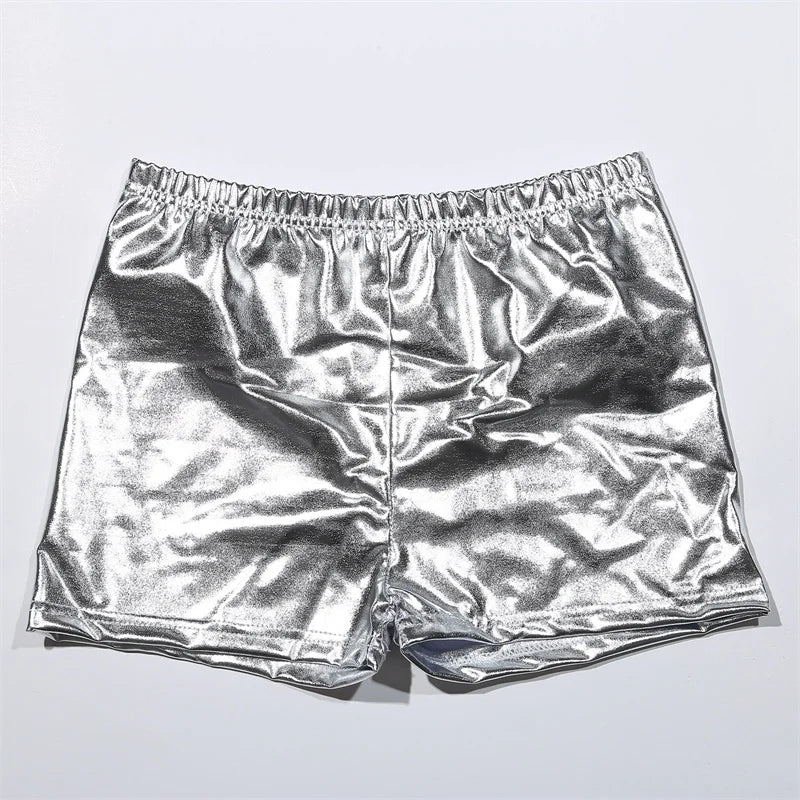 Women Yoga Shorts Silver Metallic Rave Booty Mid Waist Cheer Short PU Shiny Yoga Shorts Femme Fashion Sexy Clothes