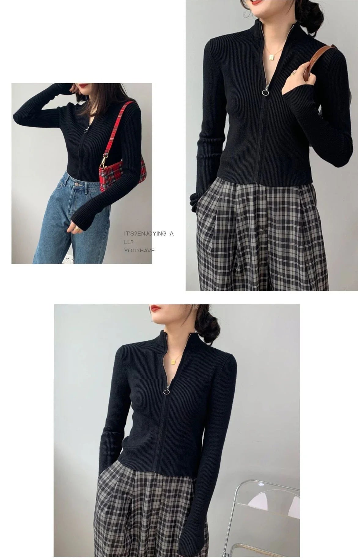 Spring Autumn Zipper Cardigan Women Sweaters Knitted Long Sleeve Stand-up Collar Tops Korean Fashion Short Sweater for Female