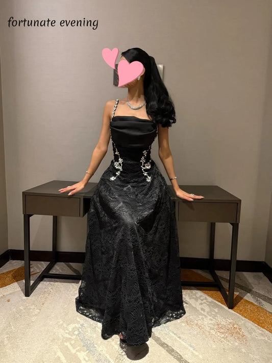 Fortunate Evening Elegant Vintage Sexy Black Lace Crystal Backless Customized Formal Occasion Prom Dress Evening Party Gowns